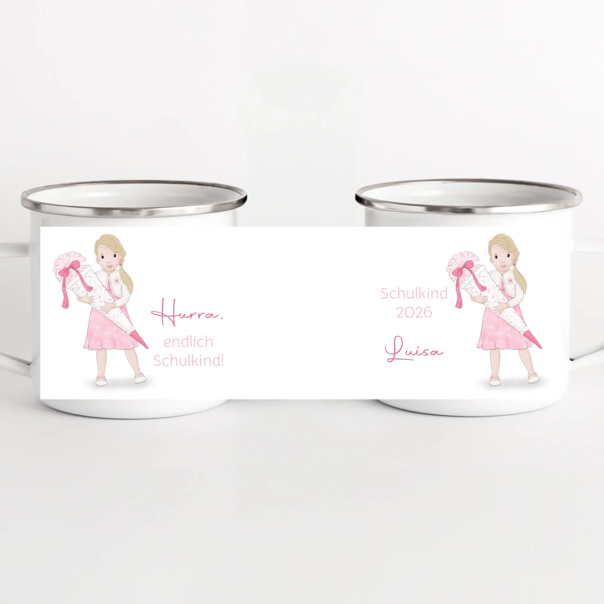 Kindertasse zur Einschulung, Mädchen mit Zuckertüte weiss bedruckt Kindertasse Emaille Panorama Höhe: 8 cm, Durchmesser: 8 cm, Volumen: 300 ml, Gewicht: 130 g