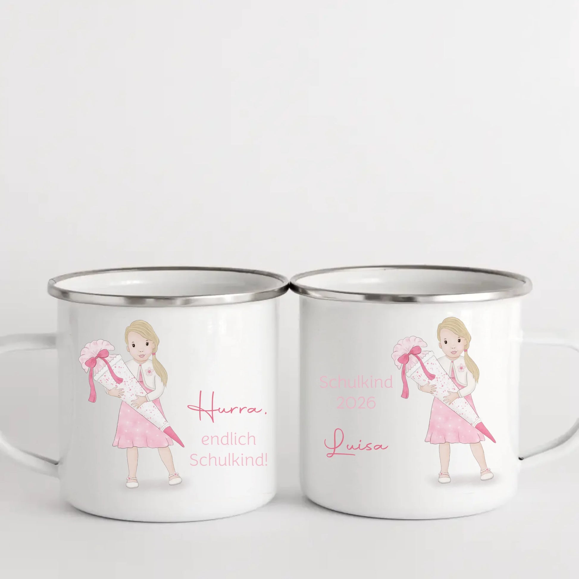 Kindertasse zur Einschulung, Mädchen mit Zuckertüte