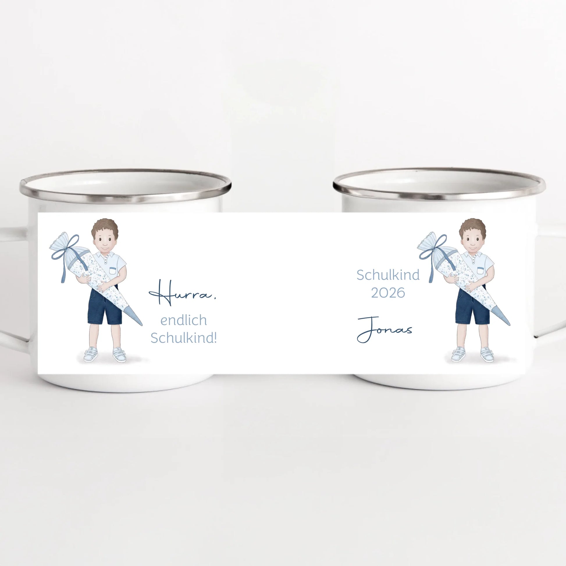 Kindertasse zur Einschulung, Junge mit Zuckertüte weiss bedruckt Kindertasse Emaille Panorama Höhe: 8 cm, Durchmesser: 8 cm, Volumen: 300 ml, Gewicht: 130 g