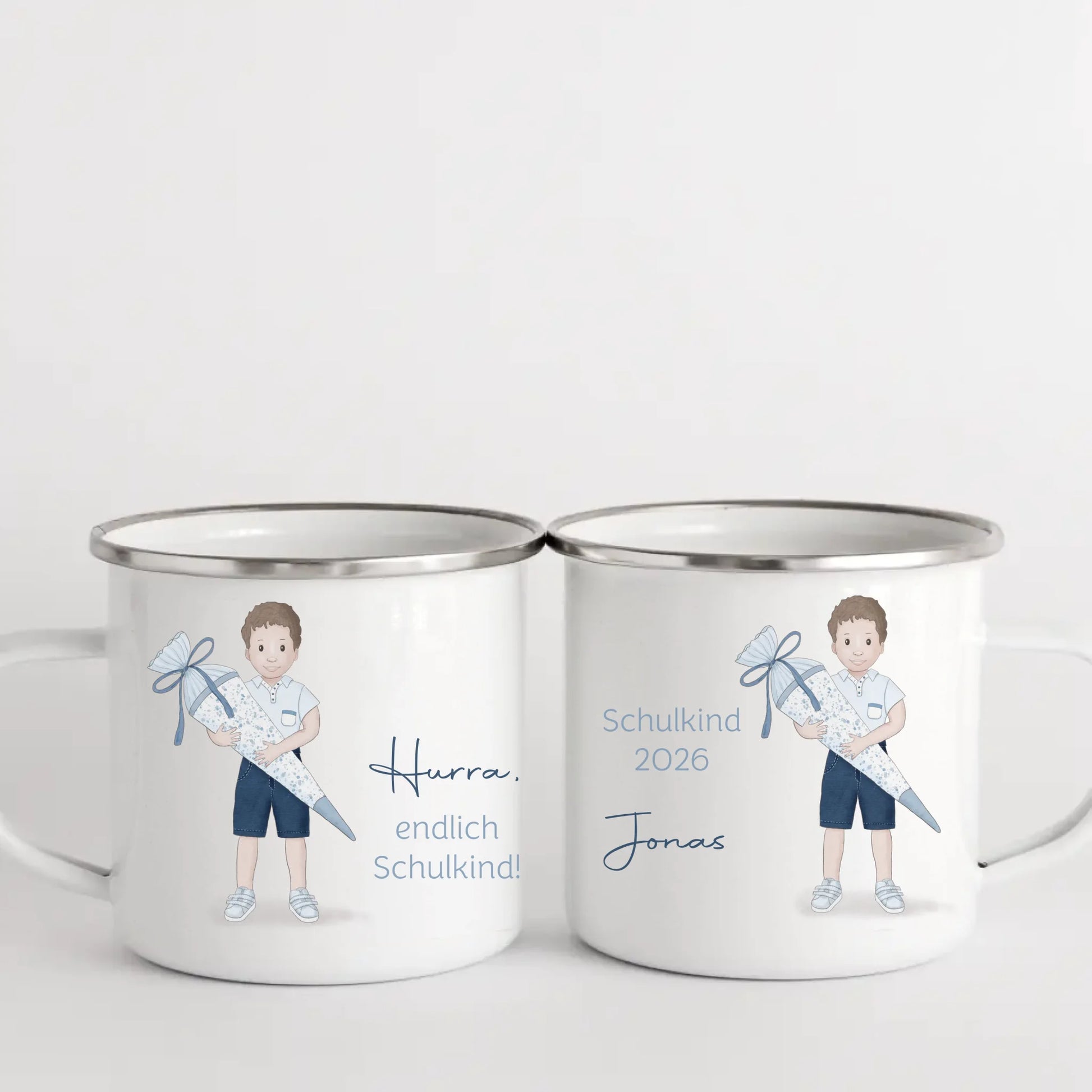 Kindertasse zur Einschulung, Junge mit Zuckertüte