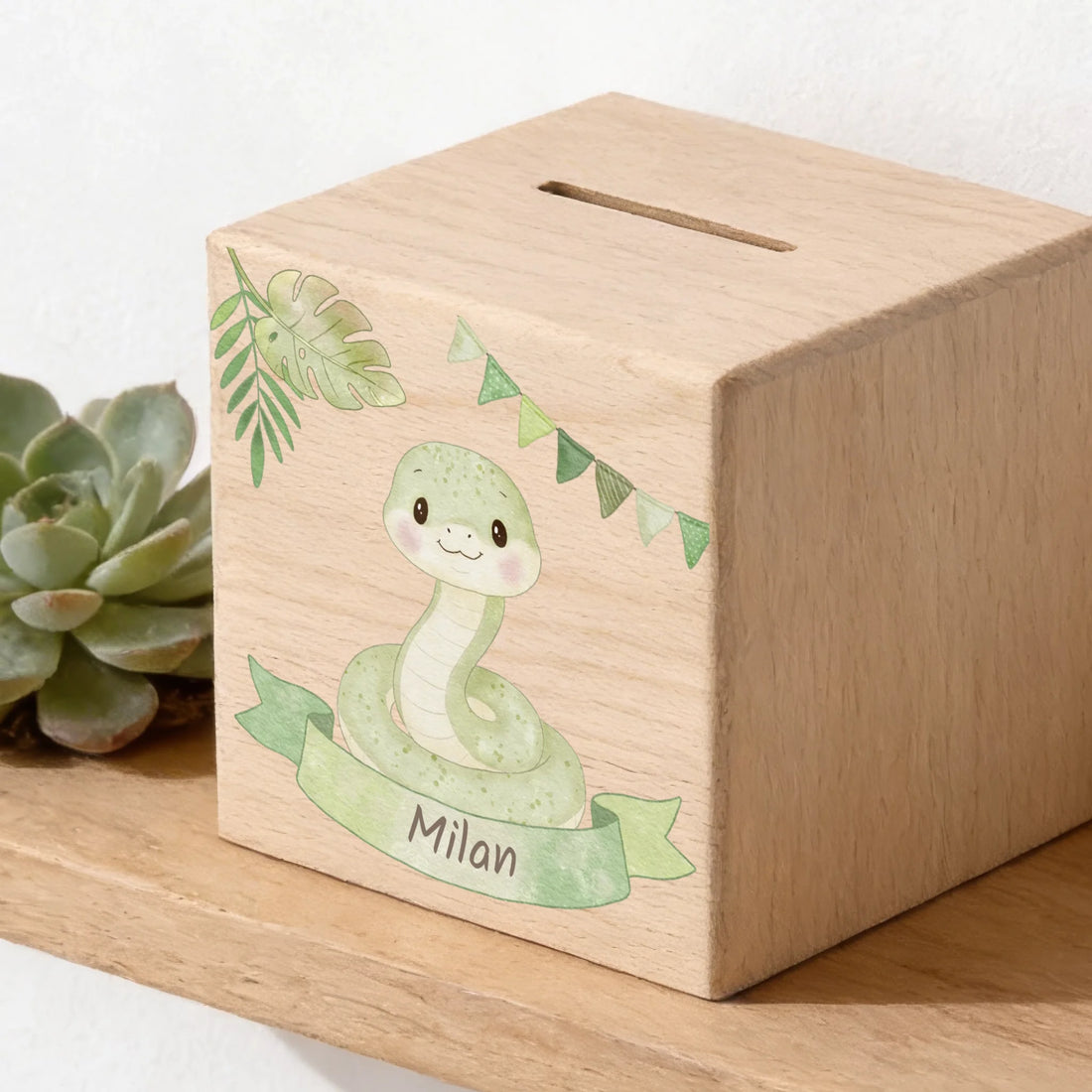 Holzspardose personalisiert Schlange Holzspardose massives Buchenholz mit UV-Direktdruck BxHxT 10 × 10 × 10 cm