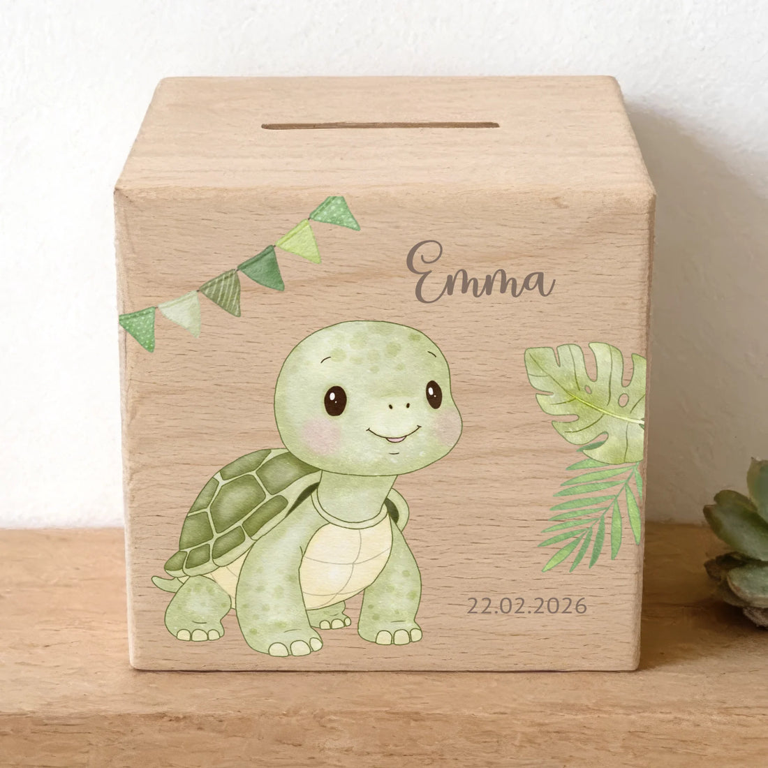 Holzspardose personalisiert Schildkröte Holzspardose massives Buchenholz mit UV-Direktdruck BxHxT 10 × 10 × 10 cm