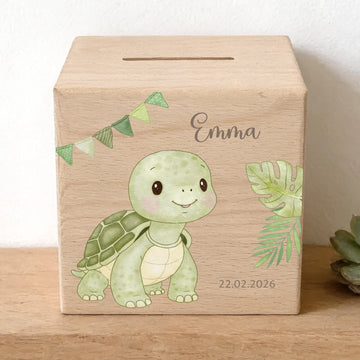 Holzspardose personalisiert Schildkröte Holzspardose massives Buchenholz mit UV-Direktdruck BxHxT 10 × 10 × 10 cm