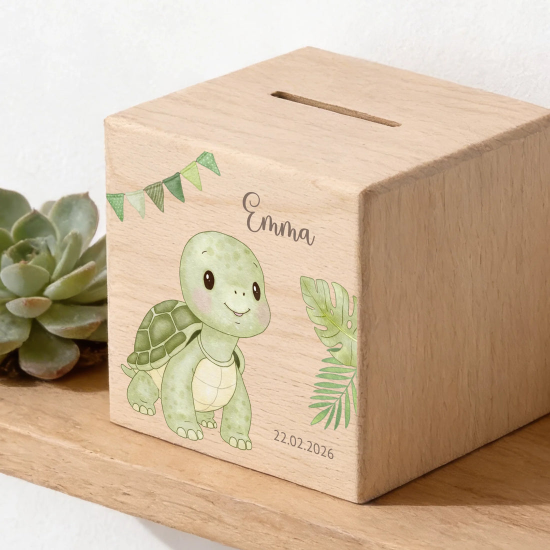 Holzspardose personalisiert Schildkröte Holzspardose massives Buchenholz mit UV-Direktdruck BxHxT 10 × 10 × 10 cm