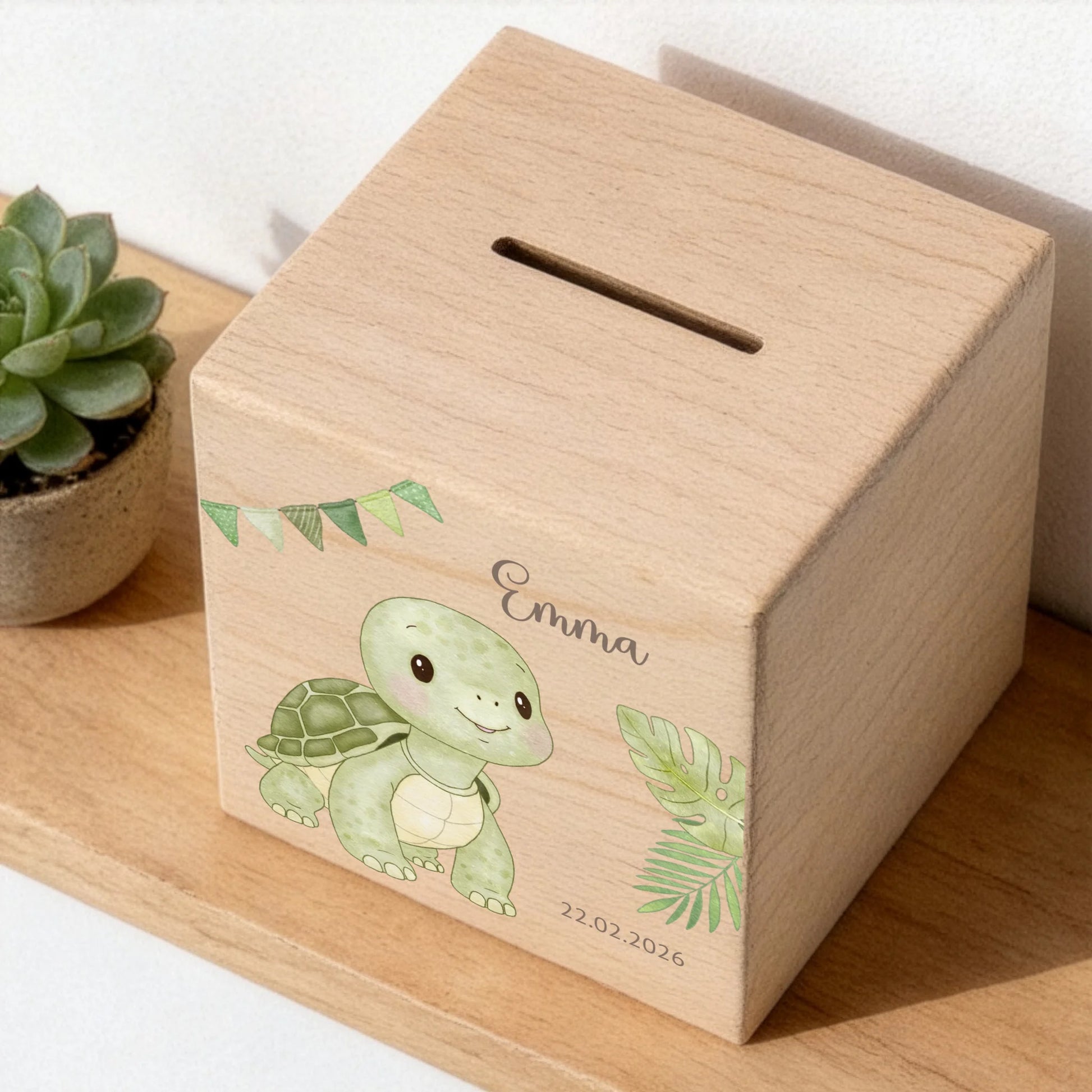 Holzspardose personalisiert Schildkröte