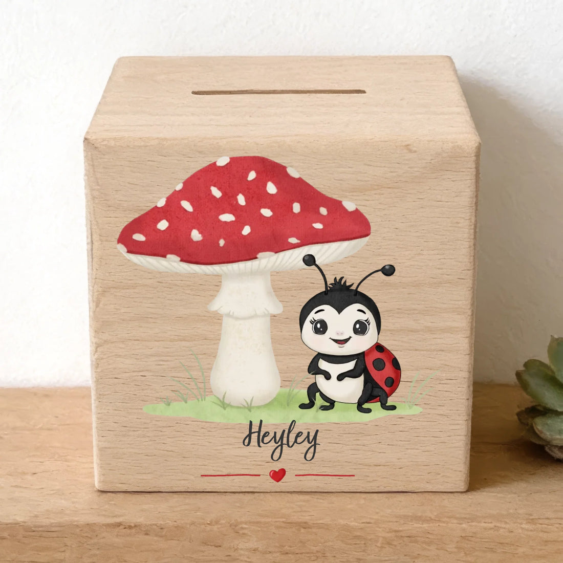 Holzspardose personalisiert Pilz und Marienkäfer Holzspardose massives Buchenholz mit UV-Direktdruck BxHxT 10 × 10 × 10 cm