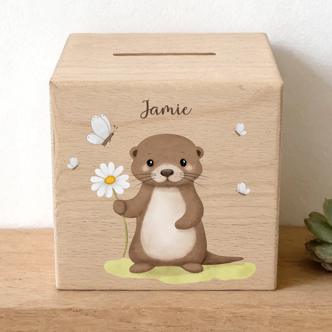 Holzspardose personalisiert Otter mit Blume und Schmetterlinge Holzspardose massives Buchenholz mit UV-Direktdruck BxHxT 10 × 10 × 10 cm