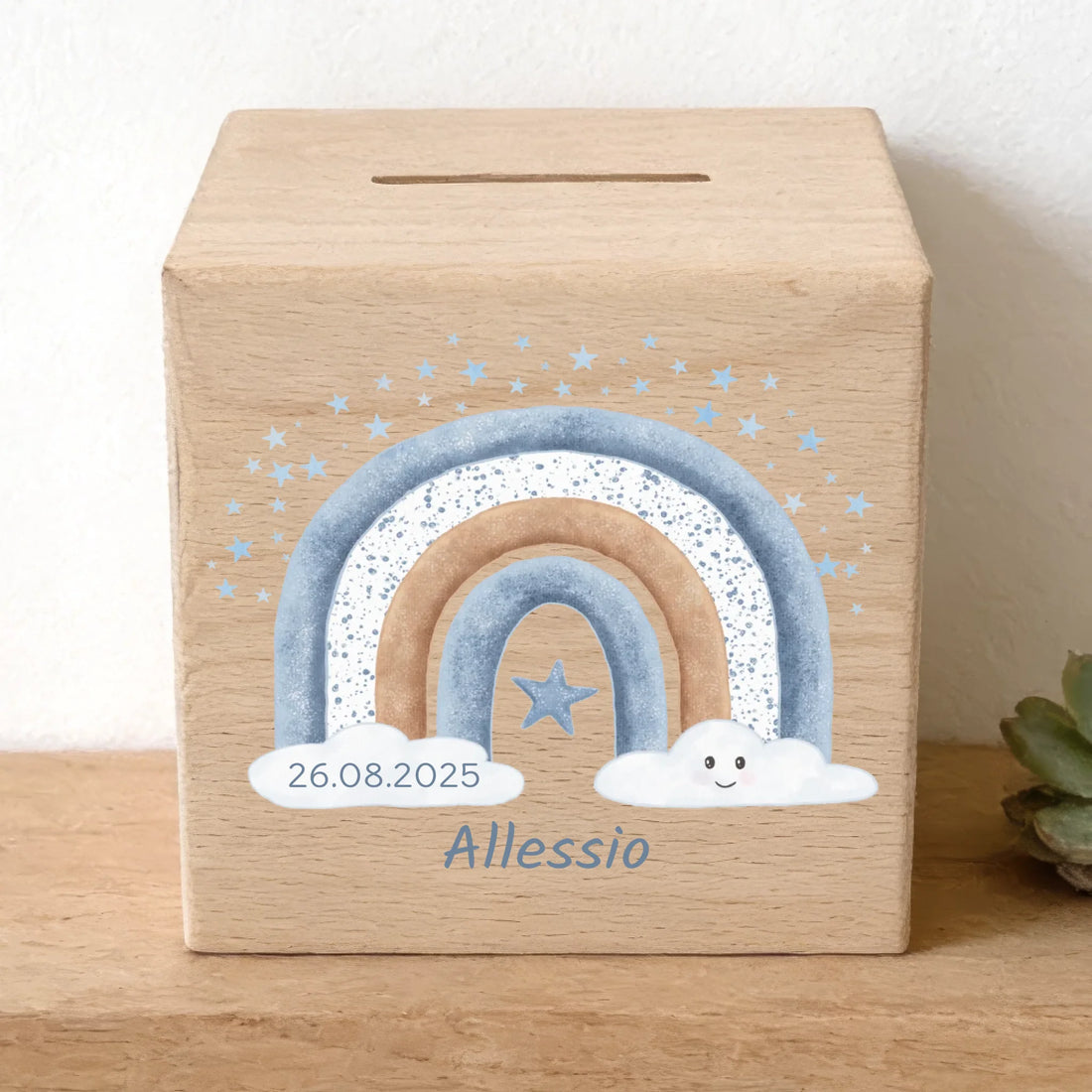 Holzspardose personalisiert Regenbogen blau mit Stern Holzspardose massives Buchenholz mit UV-Direktdruck BxHxT 10 × 10 × 10 cm