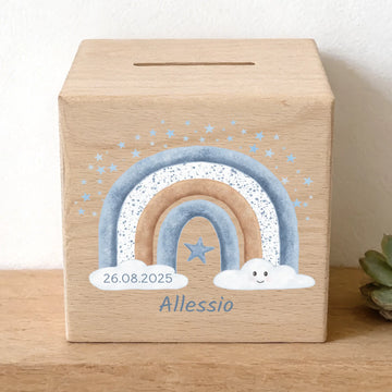 Holzspardose personalisiert Regenbogen blau mit Stern Holzspardose massives Buchenholz mit UV-Direktdruck BxHxT 10 × 10 × 10 cm