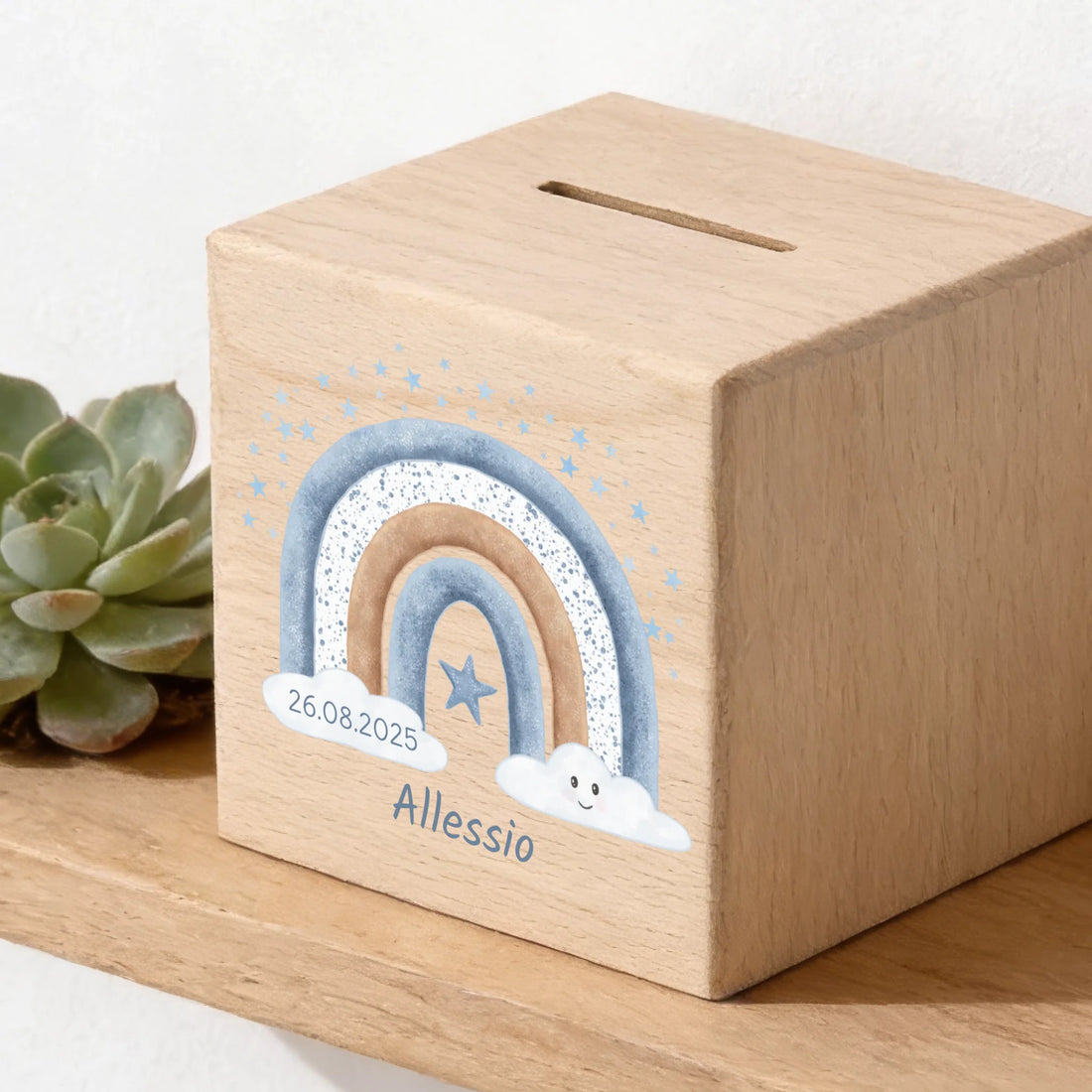 Holzspardose personalisiert Regenbogen blau mit Stern Holzspardose massives Buchenholz mit UV-Direktdruck BxHxT 10 × 10 × 10 cm