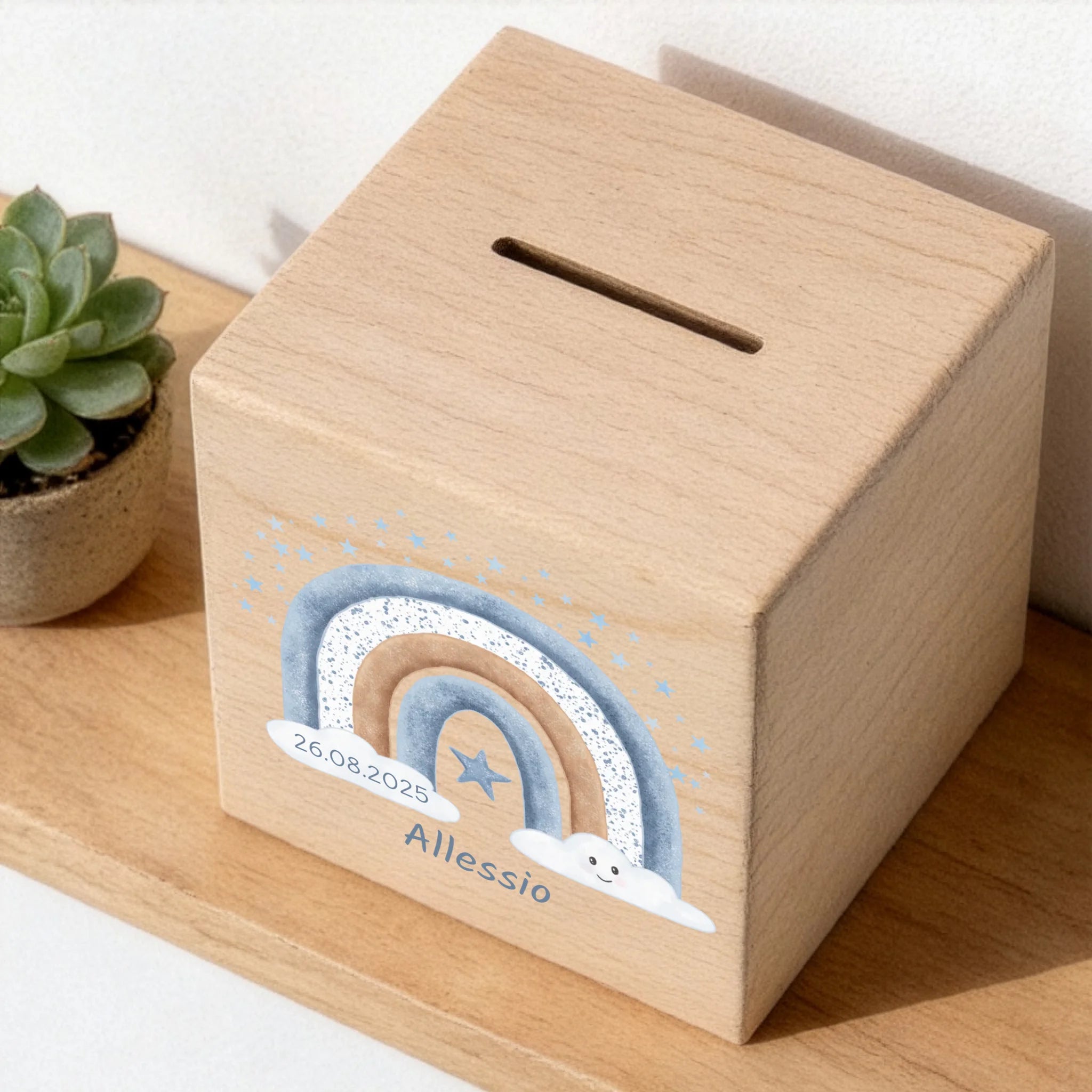 Holzspardose personalisiert Regenbogen blau mit Stern