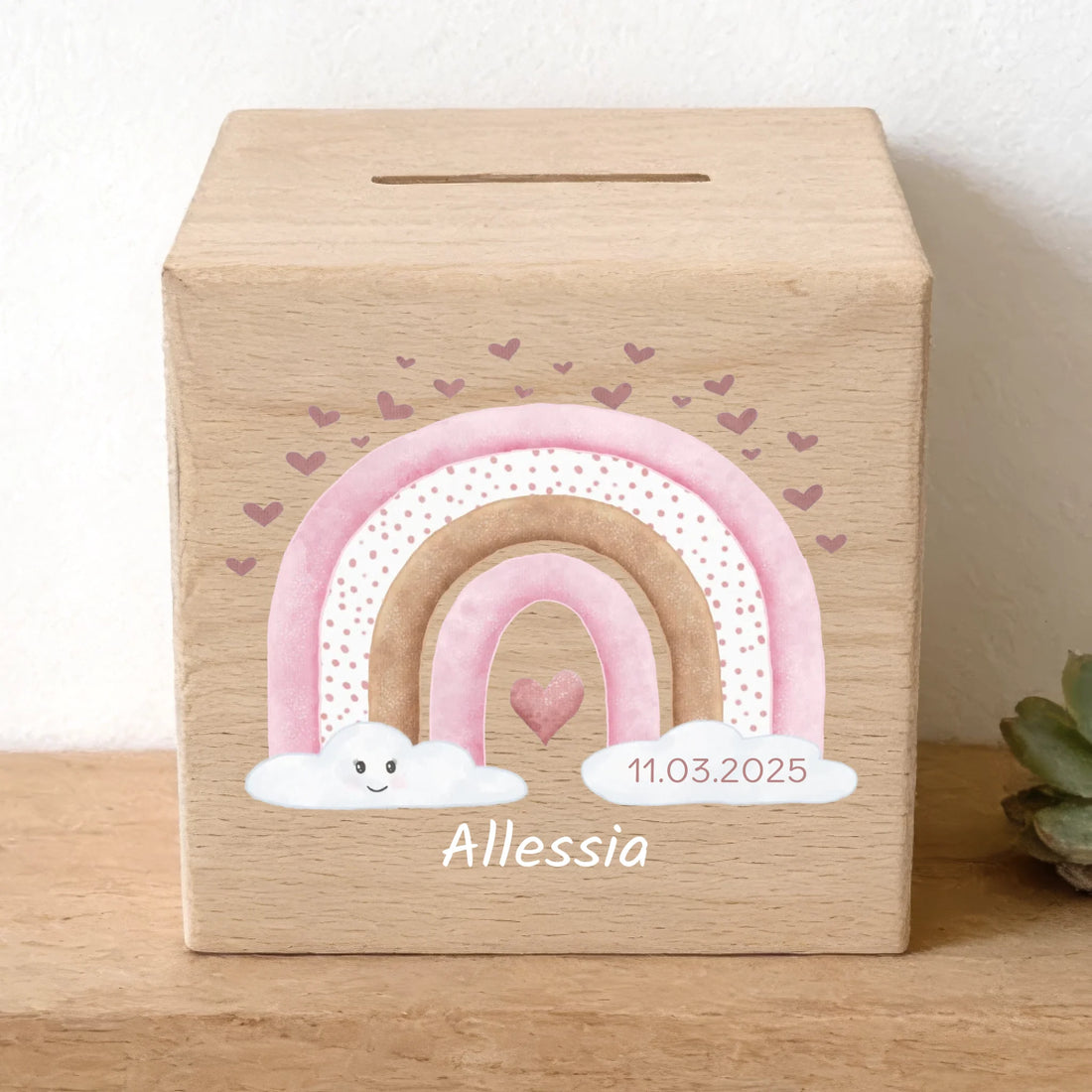 Holzspardose personalisiert Regenbogen rosa mit Herz Holzspardose massives Buchenholz mit UV-Direktdruck BxHxT 10 × 10 × 10 cm