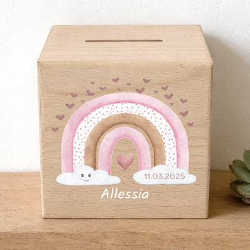 Holzspardose personalisiert Regenbogen rosa mit Herz Holzspardose massives Buchenholz mit UV-Direktdruck BxHxT 10 × 10 × 10 cm