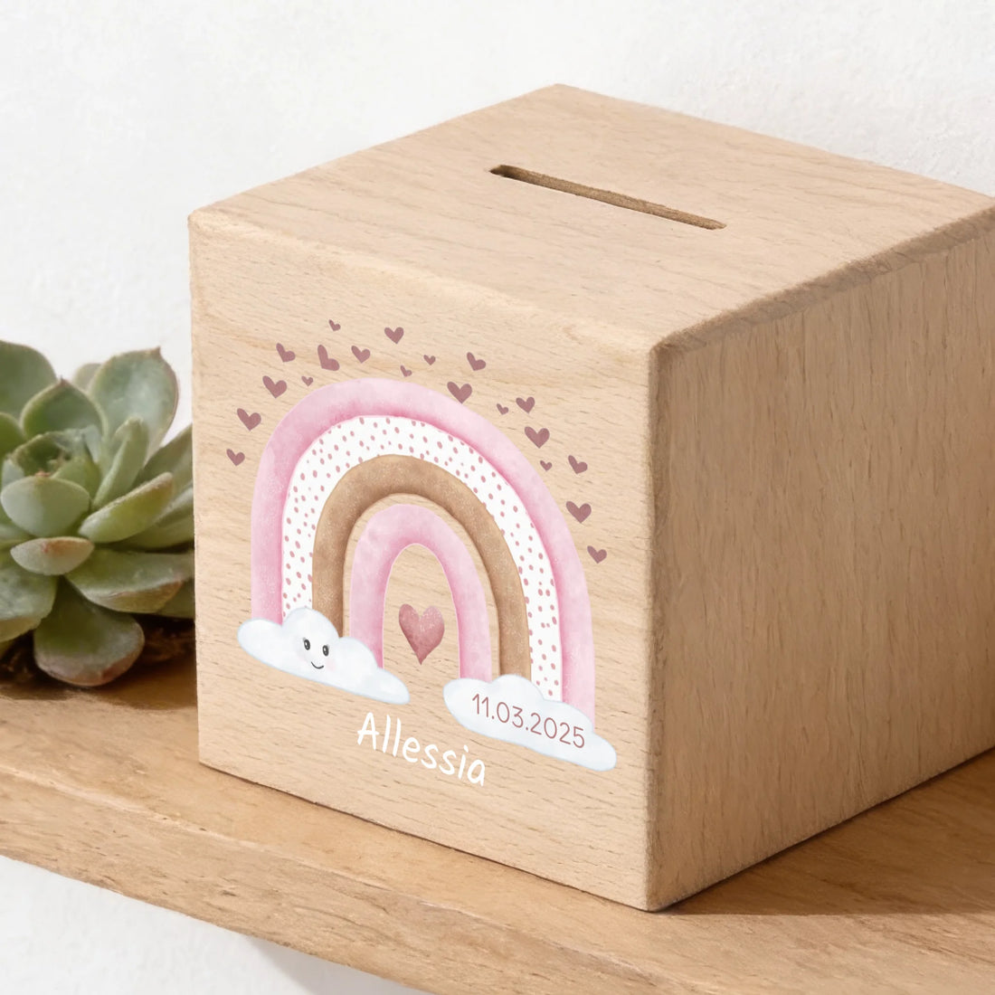 Holzspardose personalisiert Regenbogen rosa mit Herz Holzspardose massives Buchenholz mit UV-Direktdruck BxHxT 10 × 10 × 10 cm