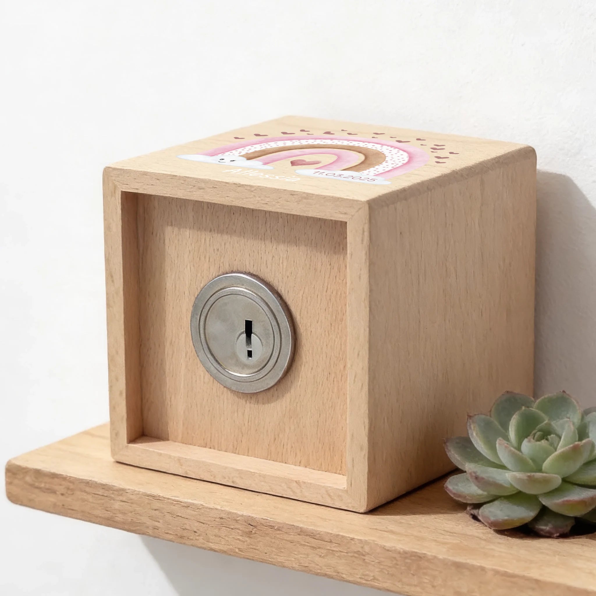 Holzspardose personalisiert Regenbogen rosa mit Herz