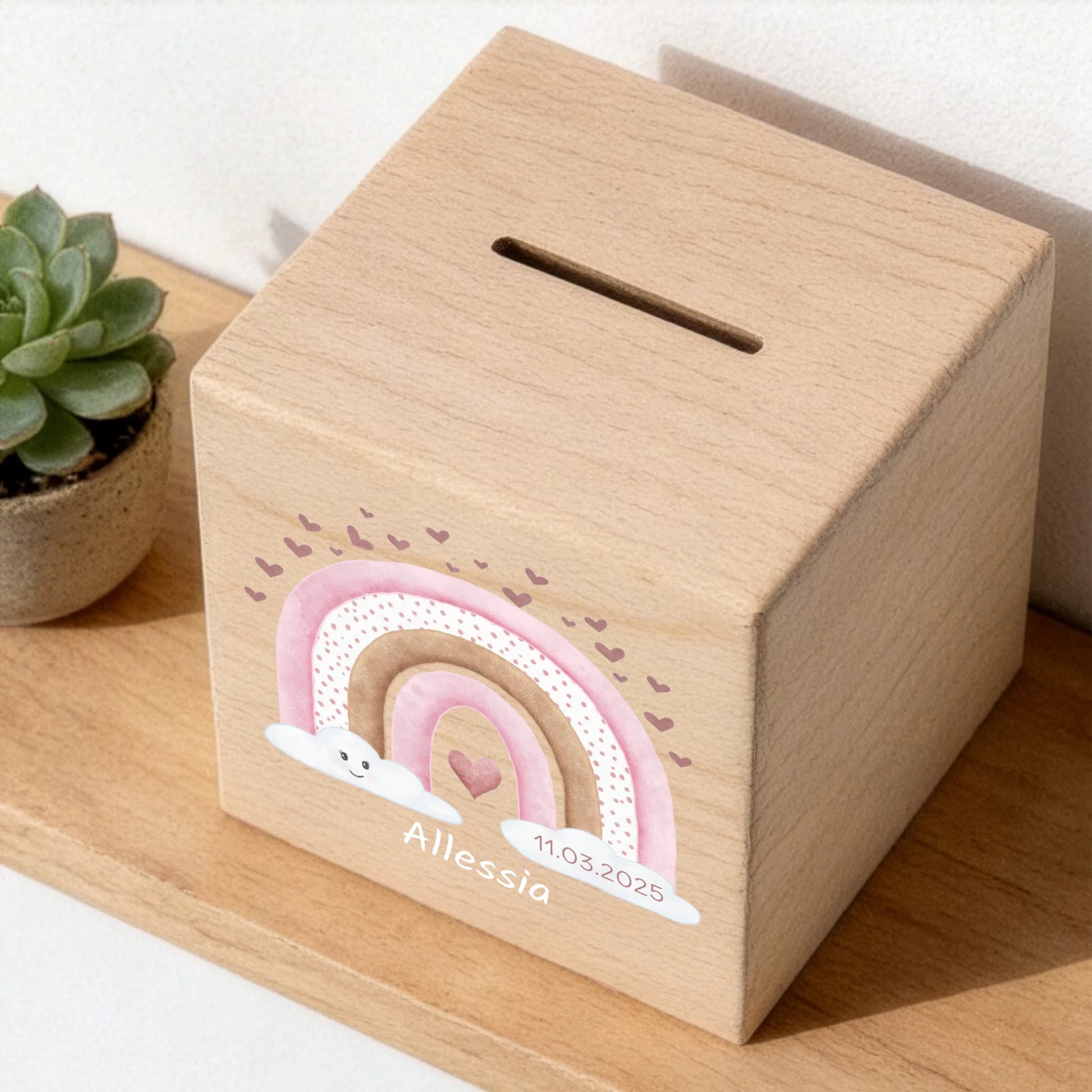 Holzspardose personalisiert Regenbogen rosa mit Herz