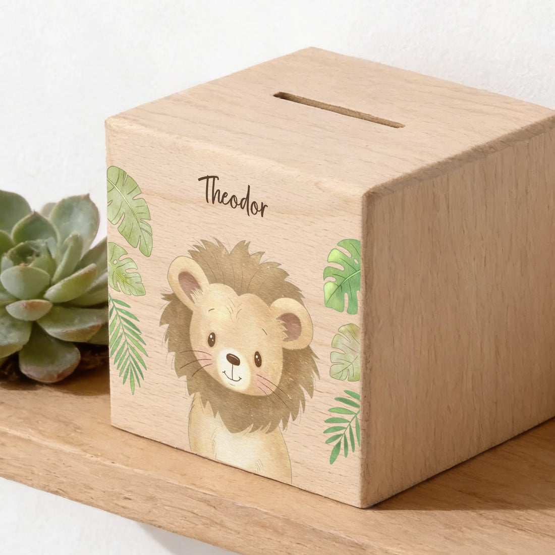 Holzspardose personalisiert Löwe Holzspardose massives Buchenholz mit UV-Direktdruck BxHxT 10 × 10 × 10 cm