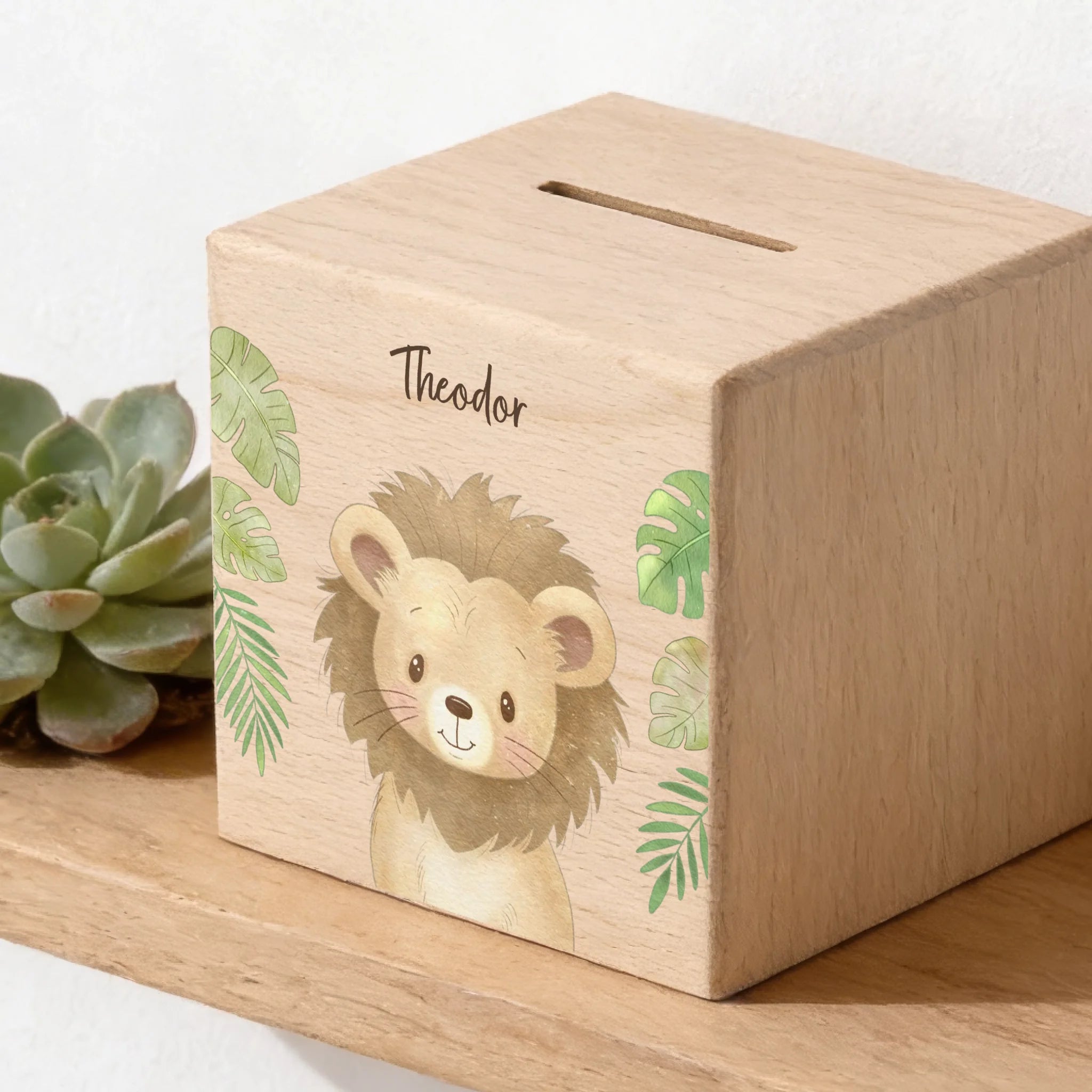Holzspardose personalisiert Löwe