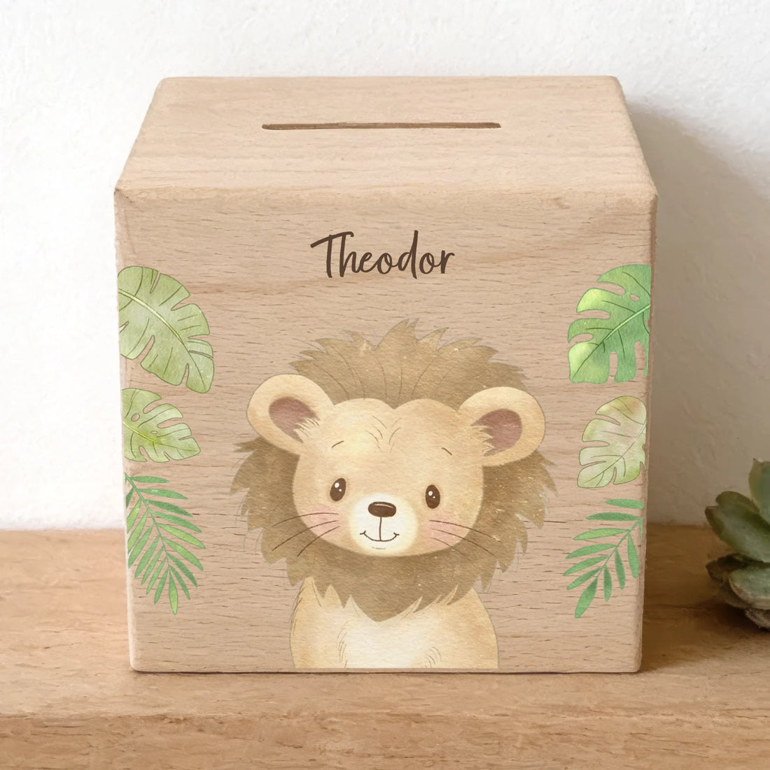 Holzspardose personalisiert Löwe Holzspardose massives Buchenholz mit UV-Direktdruck BxHxT 10 × 10 × 10 cm