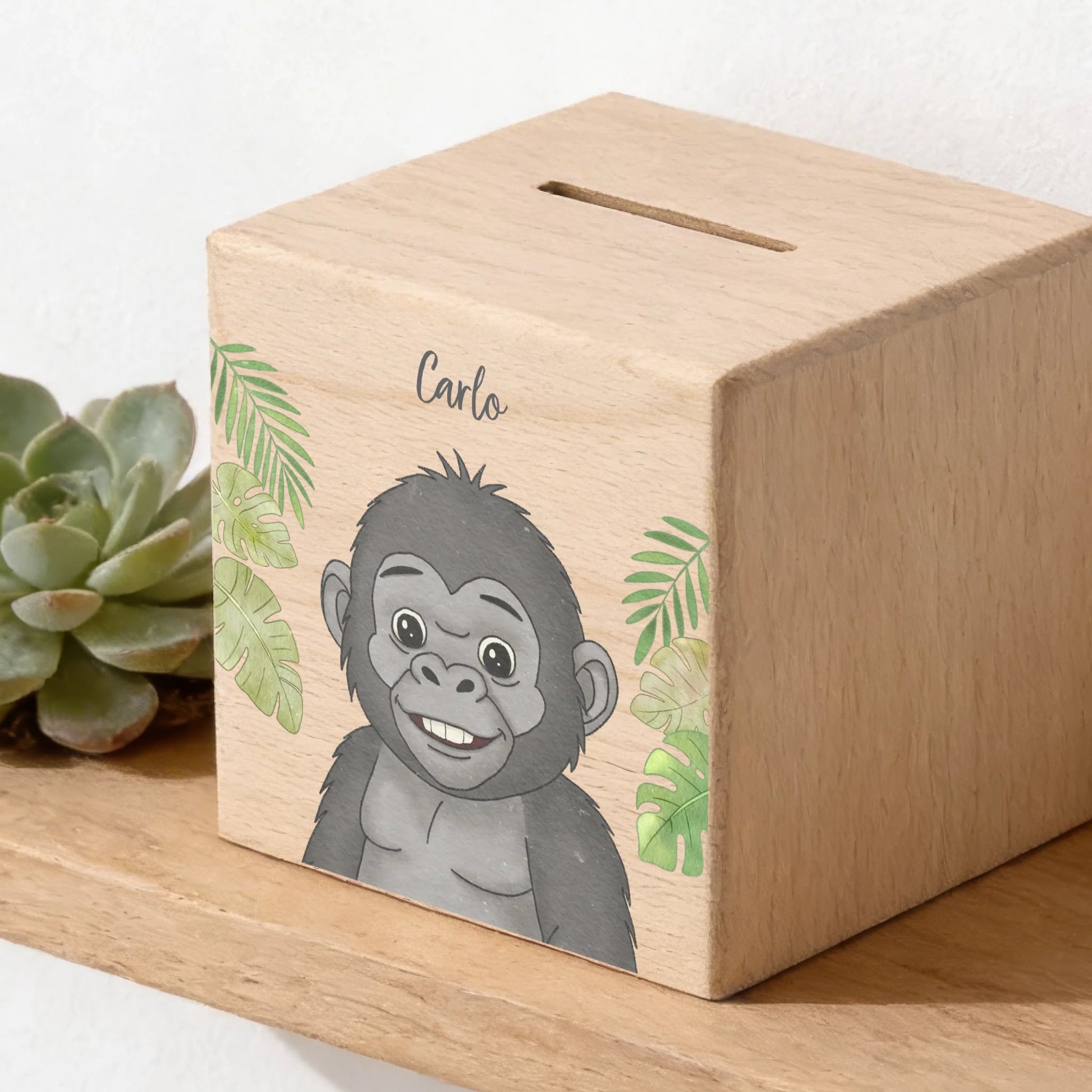 Holzspardose personalisiert Gorilla