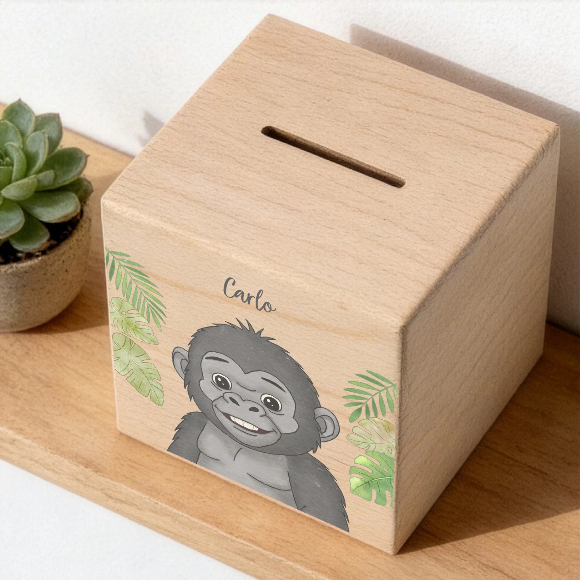 Holzspardose personalisiert Gorilla