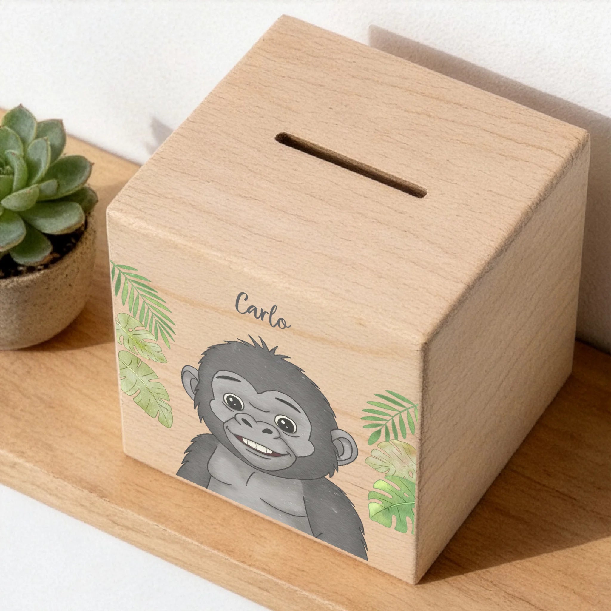 Holzspardose personalisiert Gorilla