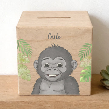Holzspardose personalisiert Gorilla Holzspardose massives Buchenholz mit UV-Direktdruck BxHxT 10 × 10 × 10 cm
