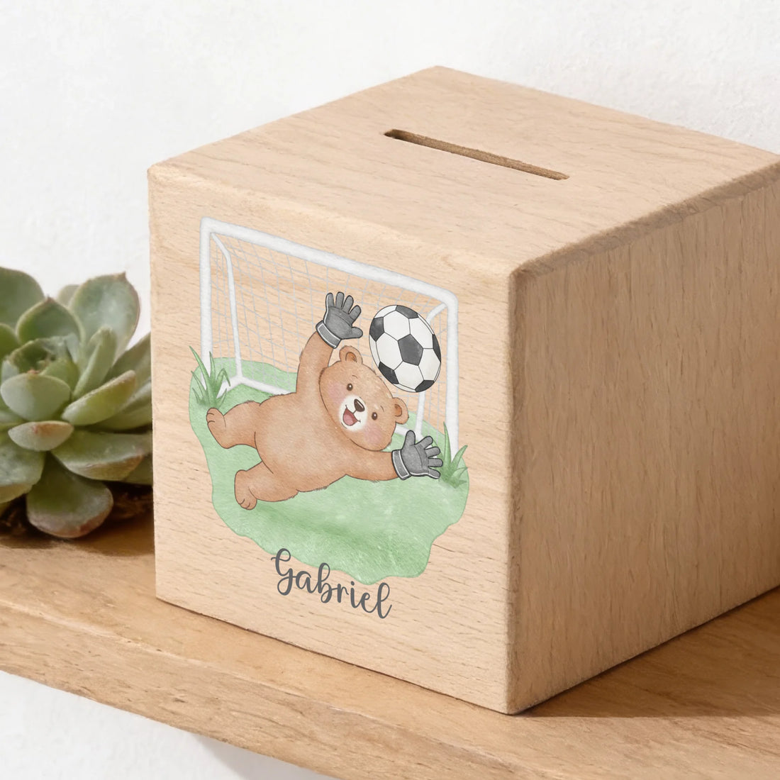 Holzspardose personalisiert Bär als Fussball Torwart Holzspardose massives Buchenholz mit UV-Direktdruck BxHxT 10 × 10 × 10 cm