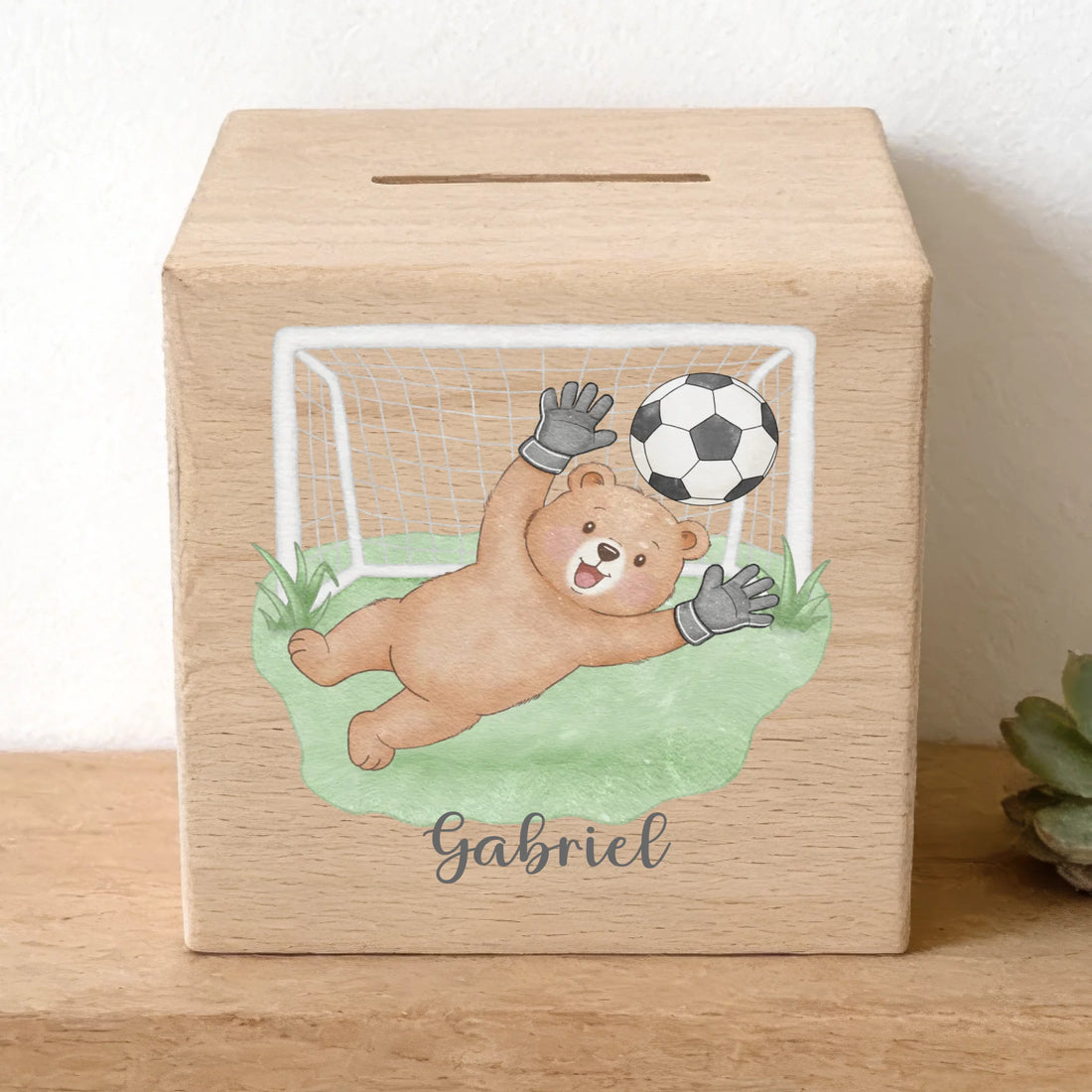 Holzspardose personalisiert Bär als Fussball Torwart Holzspardose massives Buchenholz mit UV-Direktdruck BxHxT 10 × 10 × 10 cm