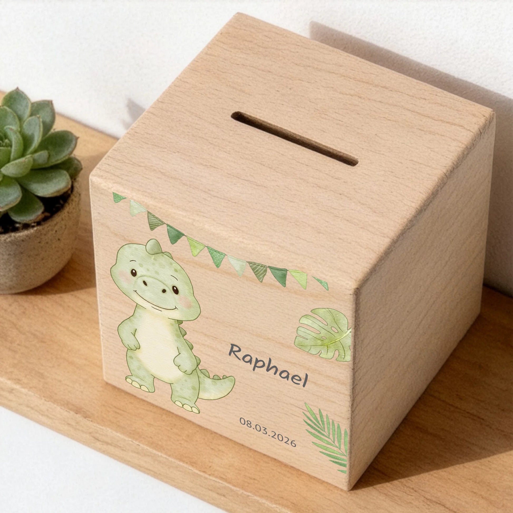 Holzspardose personalisiert Dinosaurier