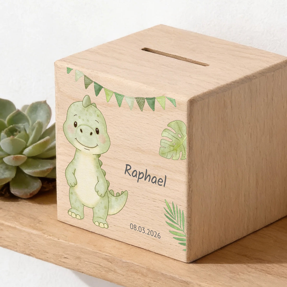 Holzspardose personalisiert Dinosaurier Holzspardose massives Buchenholz mit UV-Direktdruck BxHxT 10 × 10 × 10 cm