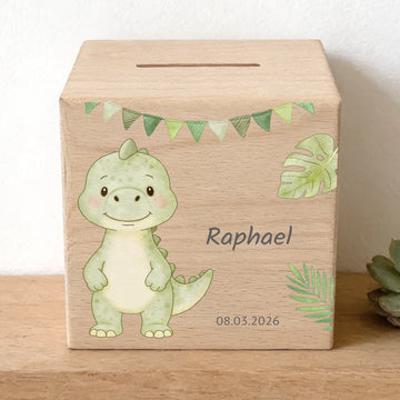 Holzspardose personalisiert Dinosaurier Holzspardose massives Buchenholz mit UV-Direktdruck BxHxT 10 × 10 × 10 cm