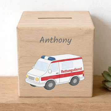 Holzspardose personalisiert Einsatzfahrzeug Holzspardose massives Buchenholz mit UV-Direktdruck BxHxT 10 × 10 × 10 cm