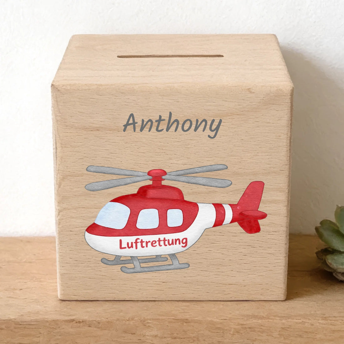 Holzspardose personalisiert Einsatzfahrzeug Holzspardose massives Buchenholz mit UV-Direktdruck BxHxT 10 × 10 × 10 cm