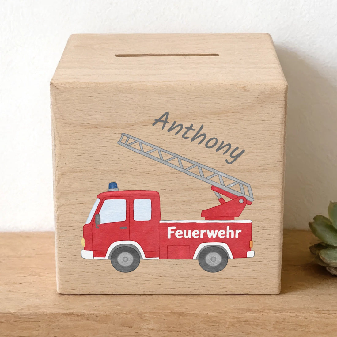 Holzspardose personalisiert Einsatzfahrzeug Holzspardose massives Buchenholz mit UV-Direktdruck BxHxT 10 × 10 × 10 cm